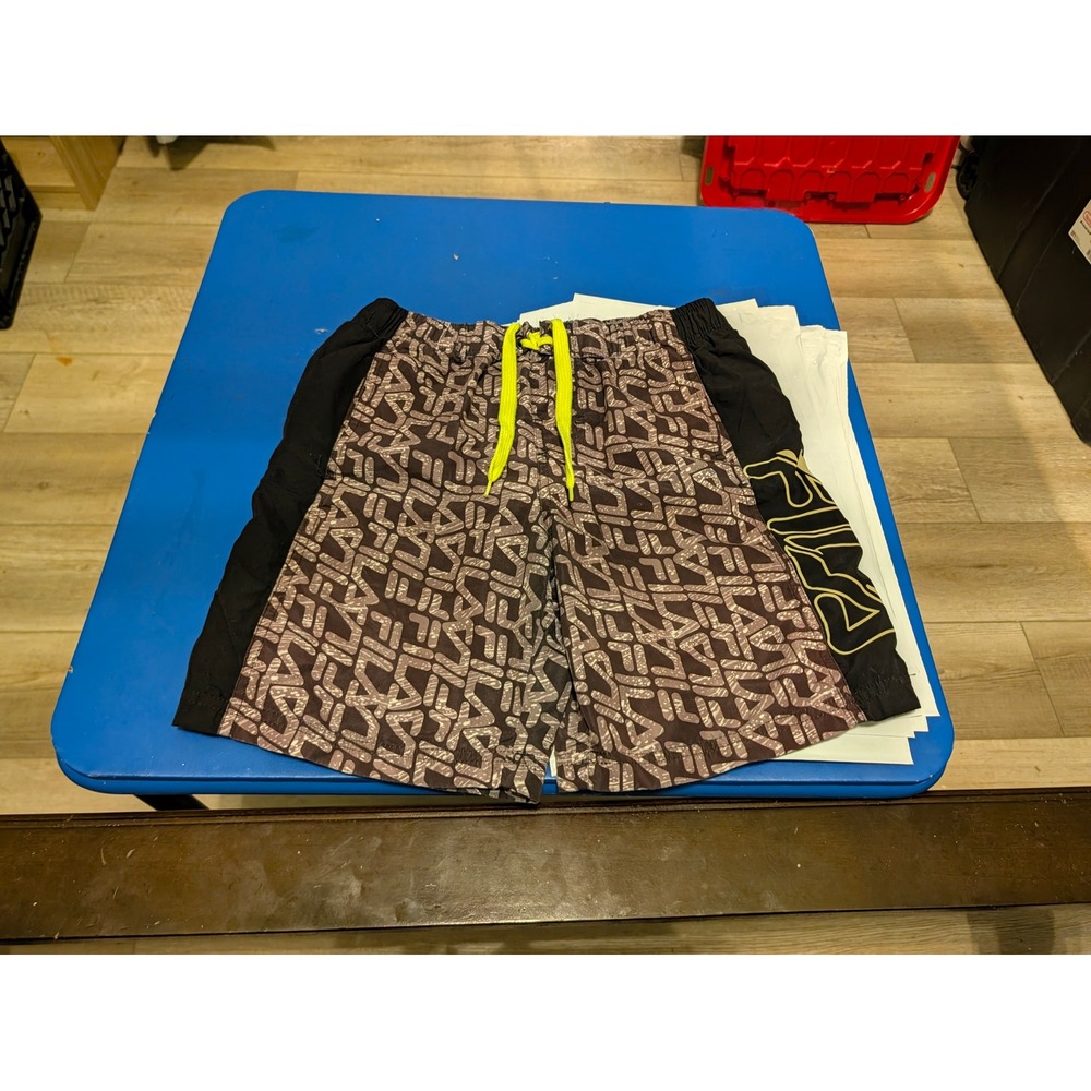 Fila Boys Monogram Logo Swim Trunks Black Brown Lime Green Size M 10/12